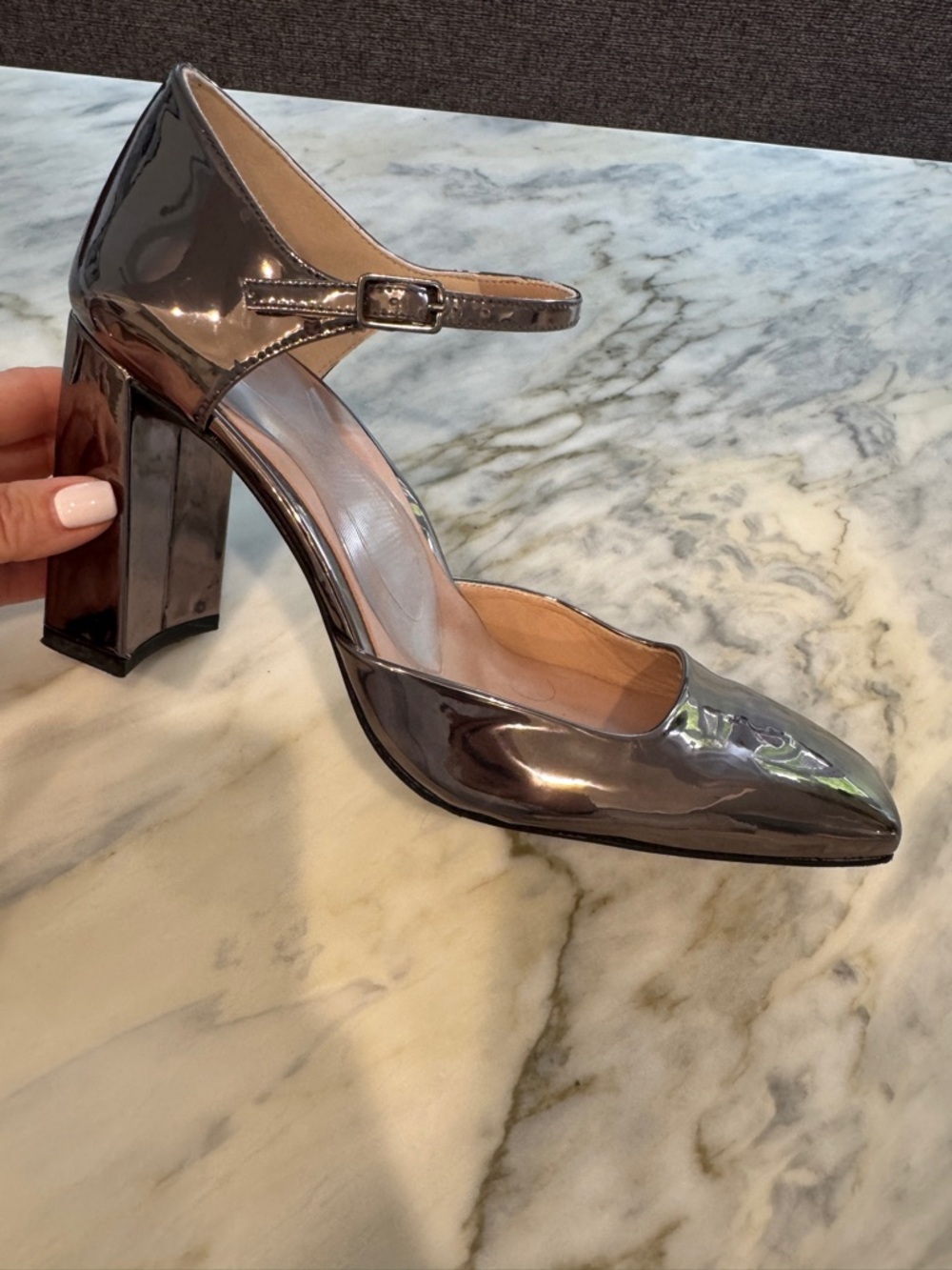 Classic Mary Jane Pointed-Toe Pump in Metallic Gray